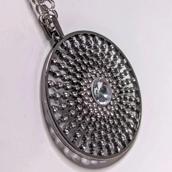 Statement Necklace- Rhinestone-Long Chain-Handmade-Silver tone-Starburst Pendant - Picture 9 of 13